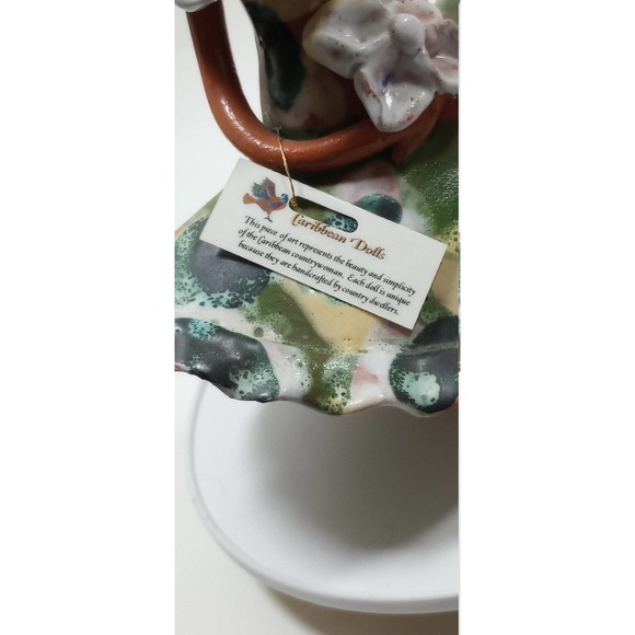 Vtg Caribbean Dolls Girl Terracotta Figure Flowing Dress Big Flower Hand Painted - Picture 9 of 10